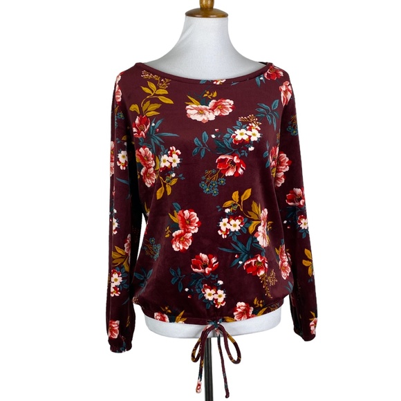 LOFT Velour Top Maroon Floral w/Drawstring Sz. S - Picture 2 of 9